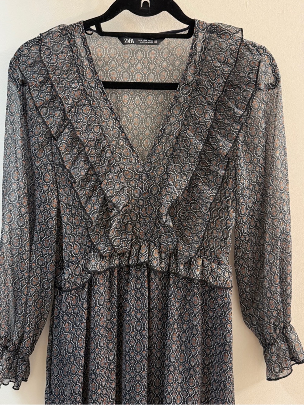 ZARA Boho Paisley Ruffle Maxi Dress Size S Blue Orange - Picture 2 of 13